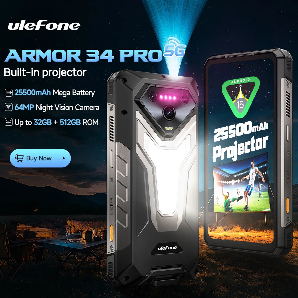 Ulefone Armor 34 Pro 5G – Rugged AI Smartphone with Built-in Projector, 25500mAh Battery, 120Hz Display, and 32GB+512GB Storage