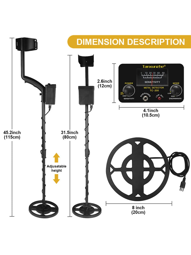 TC-200 Advanced Metal Detector – Adjustable Underground Gold & Metal Tracker with Waterproof Search Coil