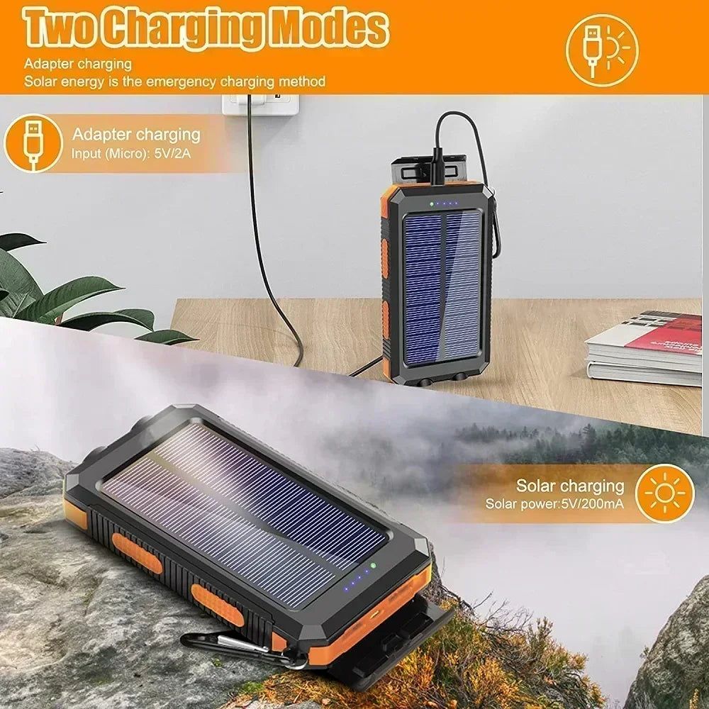 Solar Power Bank – Waterproof, Fast Charging, High-Capacity Powerbank with SOS & LED Light for Outdoor Survival