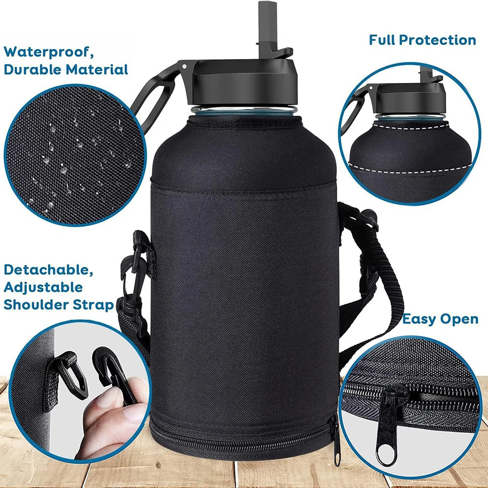64oz / 128oz Insulated Water Bottle Carrier Bag with Strap – Protective Neoprene Sleeve for Thermos, Mug & Tumbler – Crossbody Holder for Hiking, Camping & Outdoor Use (Black)