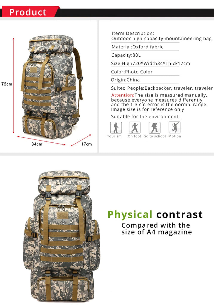 Rilibegan 70L Tactical Hiking Backpack – Camouflage, Waterproof