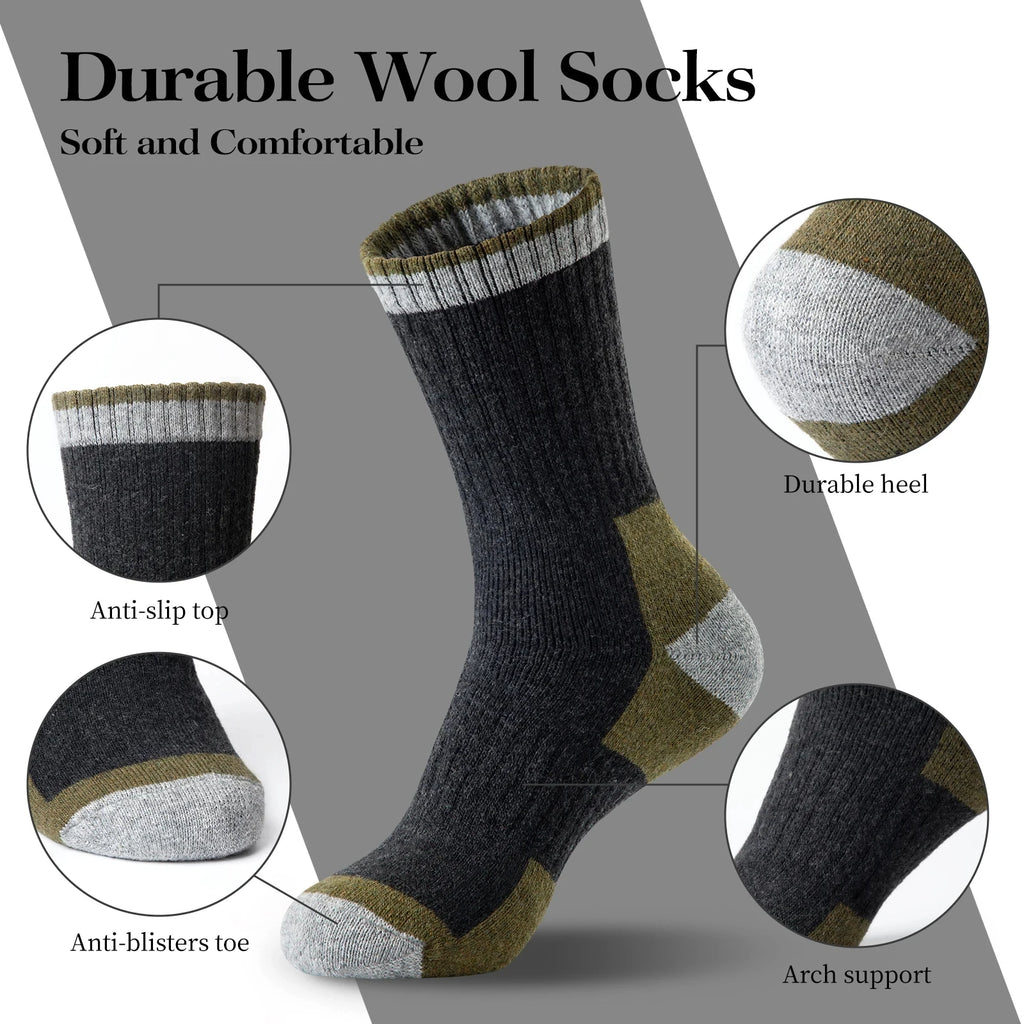 5 Pairs Men’s Merino Wool Hiking Socks – Warm, Moisture-Wicking Winter Crew Socks for Outdoor & Casual Wear (US Size 7–13)