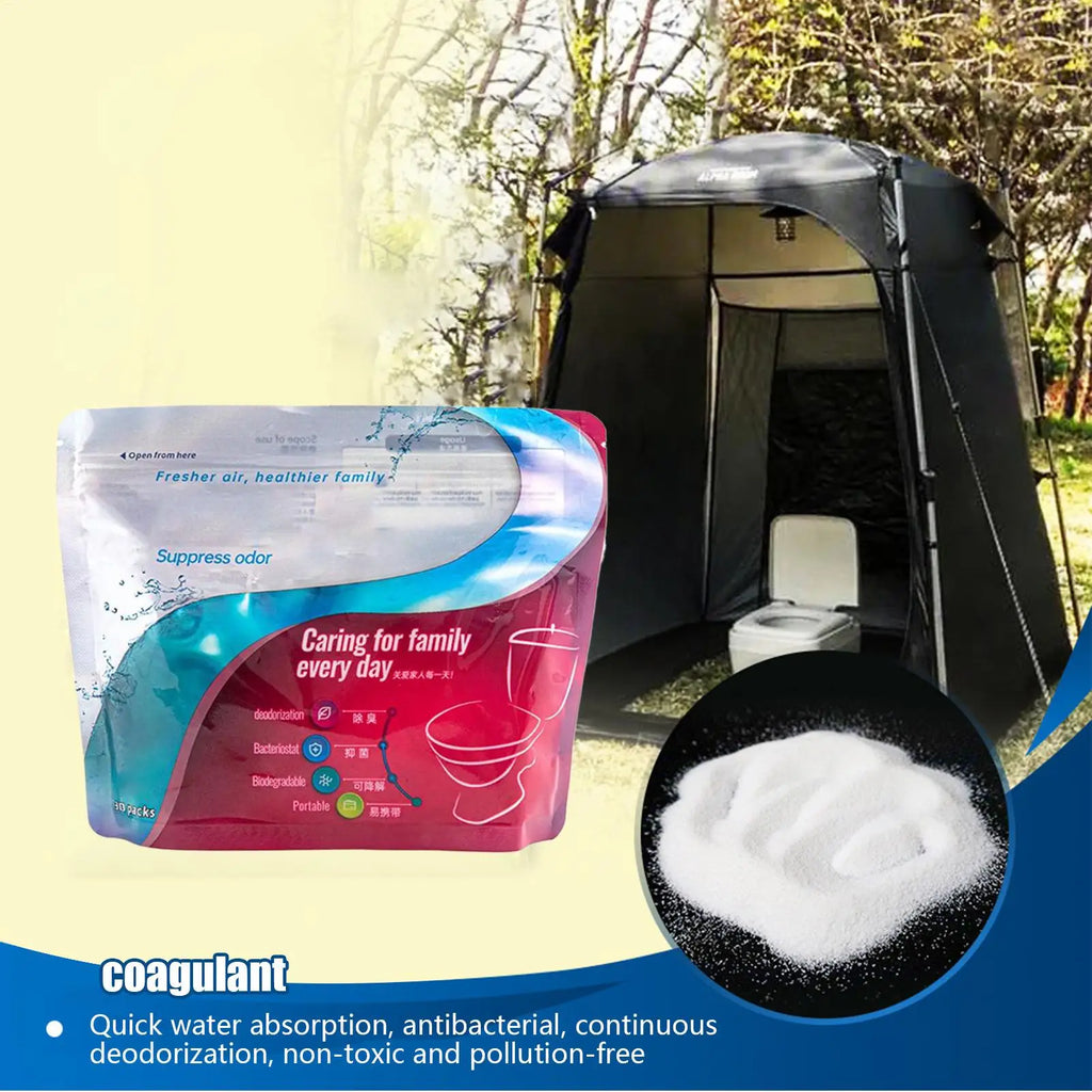 30-Pack Portable Toilet Absorbent Gel Powder – Eco-Friendly Waste Solidifier & Deodorizer for Camping, Travel & Emergency Use