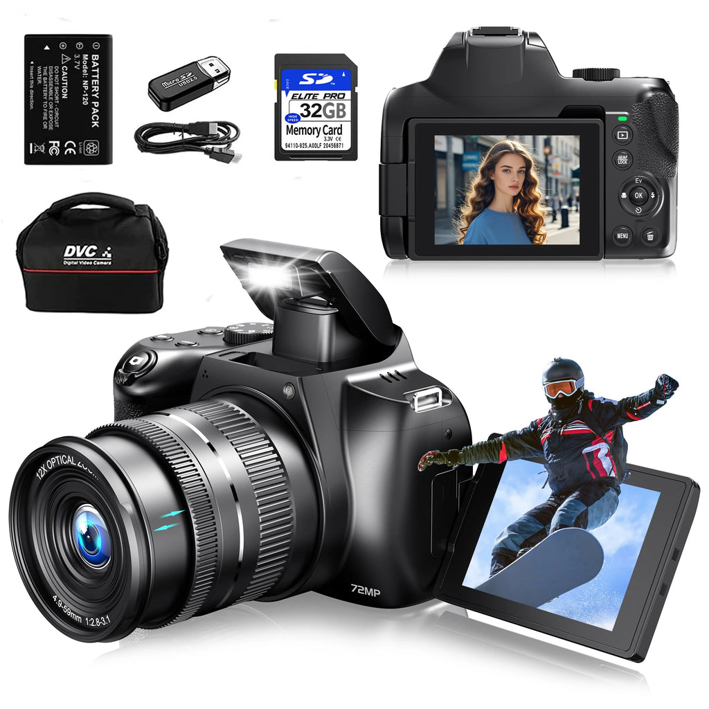 4K HD Digital Camera with Auto Focus & 12X Optical Zoom – 72MP Vlogging Camera for YouTube & Photography