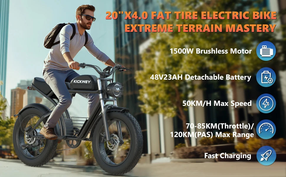Kickwey K7 1500W Fat Tire Electric Bike – 48V 23Ah Lithium, 46km/h Mountain E-Bike for Adults