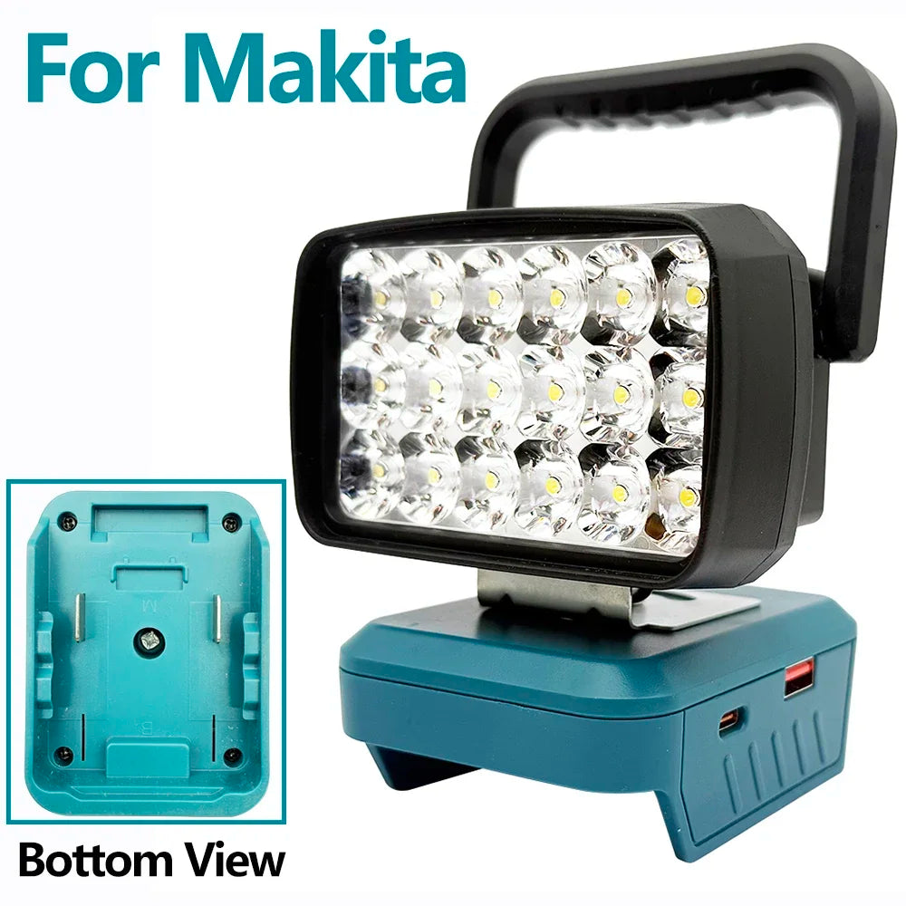 18-LED Portable Work Light – Compatible with Makita, Milwaukee & DeWalt 18V/20V Batteries – 1500LM Spotlight Torch with USB Output