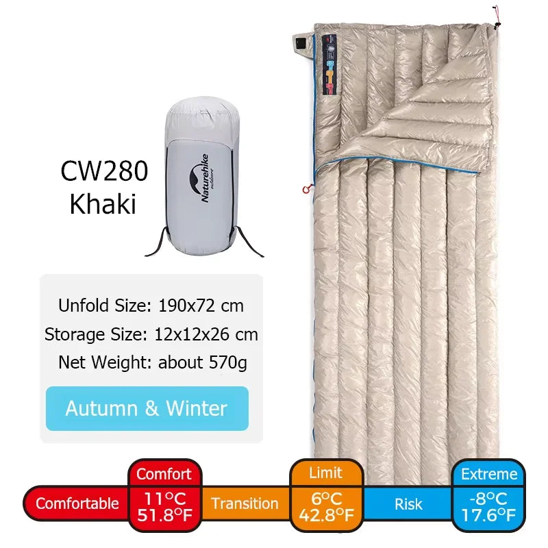 Naturehike CW280 / CWM400 Ultralight Goose Down Sleeping Bag – 3-Season Waterproof, Compact & Connectable