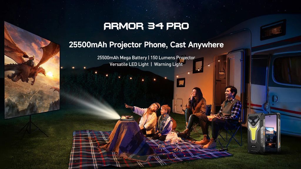 Ulefone Armor 34 Pro 5G – Rugged AI Smartphone with Built-in Projector, 25500mAh Battery, 120Hz Display, and 32GB+512GB Storage