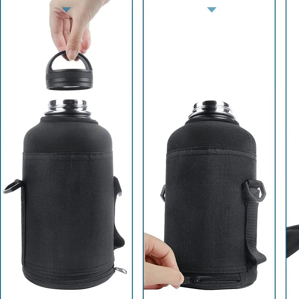 64oz / 128oz Insulated Water Bottle Carrier Bag with Strap – Protective Neoprene Sleeve for Thermos, Mug & Tumbler – Crossbody Holder for Hiking, Camping & Outdoor Use (Black)