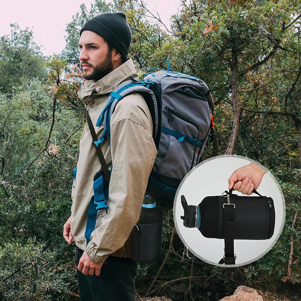 64oz / 128oz Insulated Water Bottle Carrier Bag with Strap – Protective Neoprene Sleeve for Thermos, Mug & Tumbler – Crossbody Holder for Hiking, Camping & Outdoor Use (Black)
