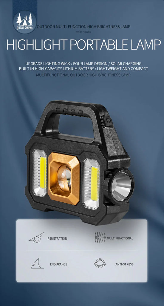 Solar Rechargeable Flashlight – Zoomable Waterproof COB LED Torch & Portable Lantern