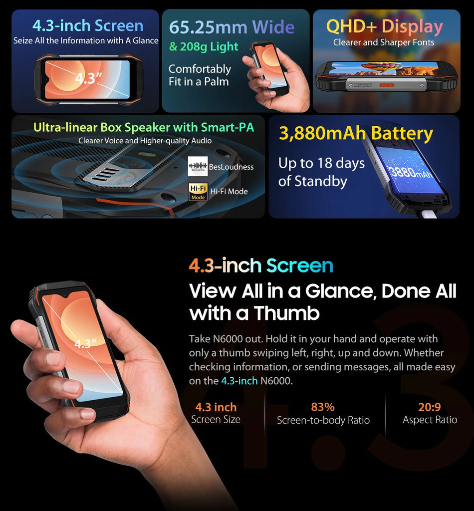 Blackview N6000 Rugged Waterproof Mini Smartphone | 4.3" Display, 256GB Storage, Android 13, 48MP Camera, NFC, Helio G99 Octa-Core