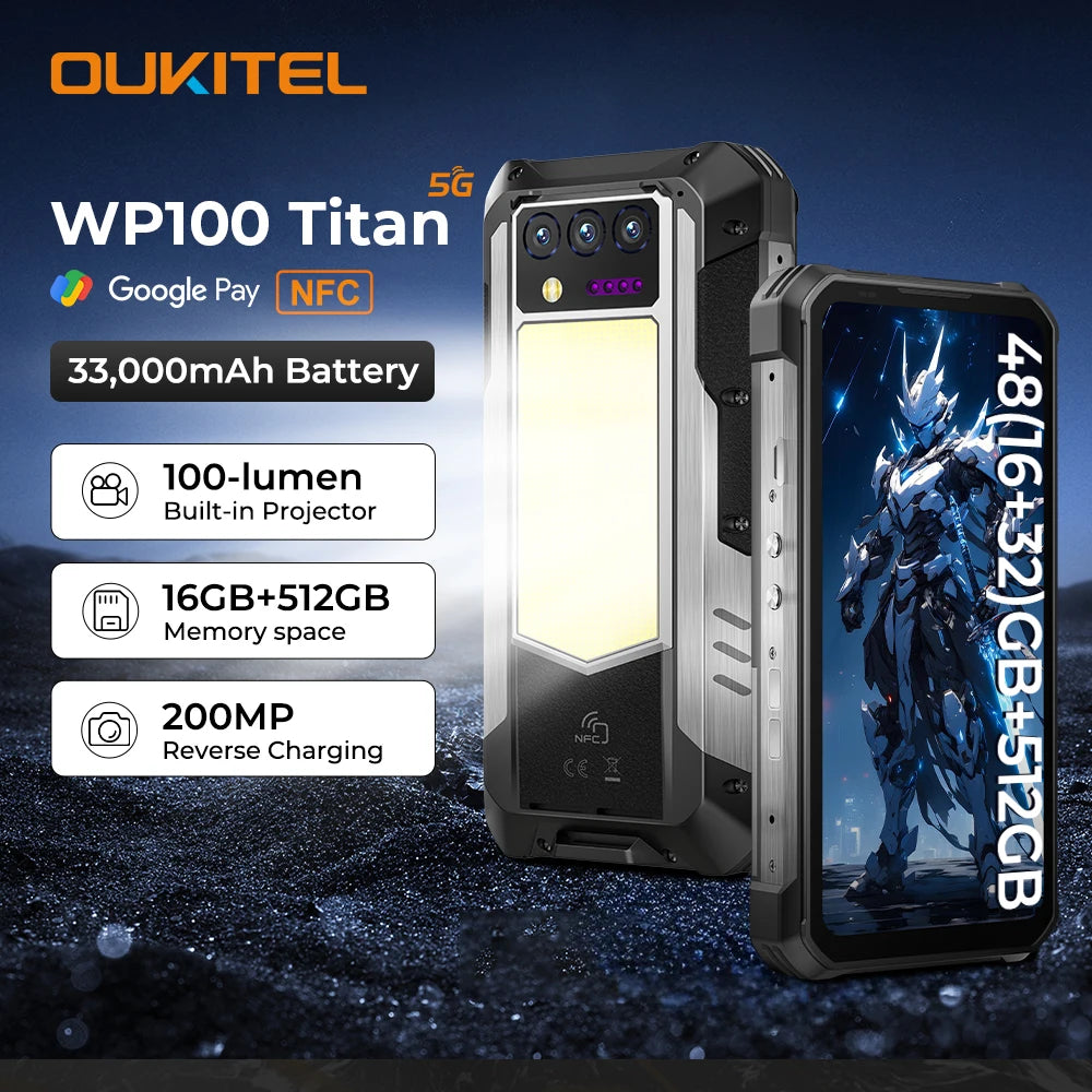 OUKITEL WP100 Titan Rugged Smartphone β 33,000mAh Battery, 200MP Camera, Built-in Projector, 66W Fast Charging, IP68 Waterproof