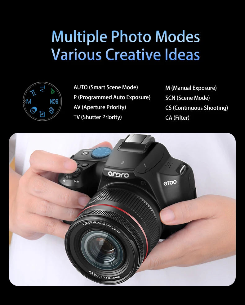 Ordro G700 4K Digital Camera – 12x Optical Zoom Camcorder for Photography & Vlogging