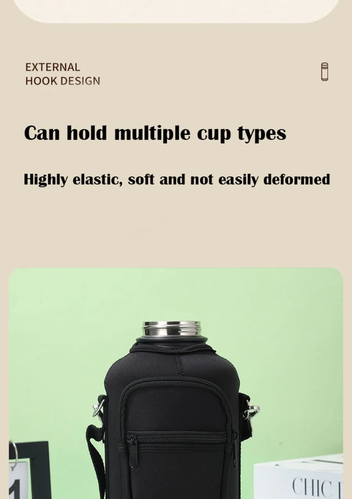 Portable Thermal Water Bottle Bag – Large Capacity Sleeve with Adjustable Shoulder Strap (Black)