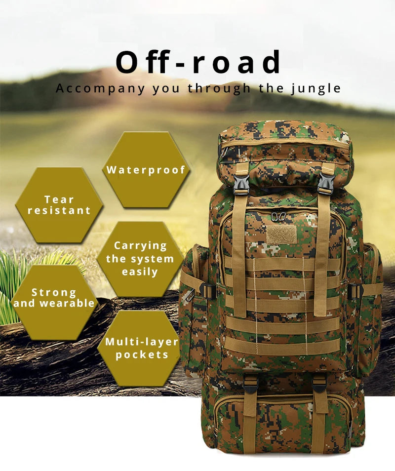 Rilibegan 70L Tactical Hiking Backpack – Camouflage, Waterproof