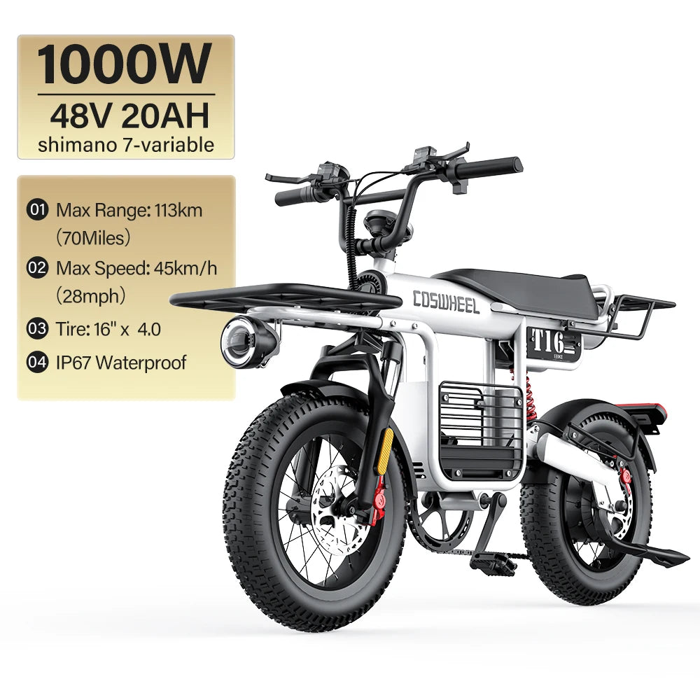 Coswheel CT20S 2000W Electric Dirt Bike β 60V 27.5Ah Fat Tire Ebike for Adults (20" Off-Road Tires, 161km Range)