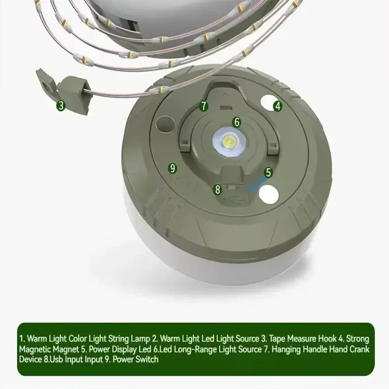 4-in-1 LED Camping Light Strip – 10M Waterproof Rechargeable Tent & Atmosphere Lamp with USB Power Bank (Military Green)