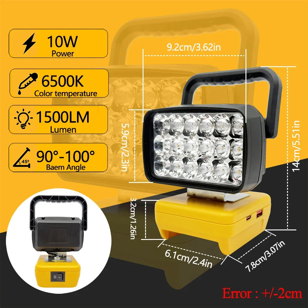 18-LED Portable Work Light – Compatible with Makita, Milwaukee & DeWalt 18V/20V Batteries – 1500LM Spotlight Torch with USB Output