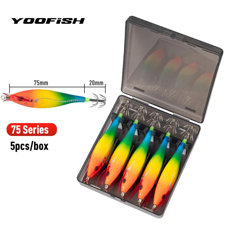 YOOFISH Luminous Horizontal Squid Jig (5pcs Set) β Premium Wood Shrimp Squid Hooks for Saltwater Fishing