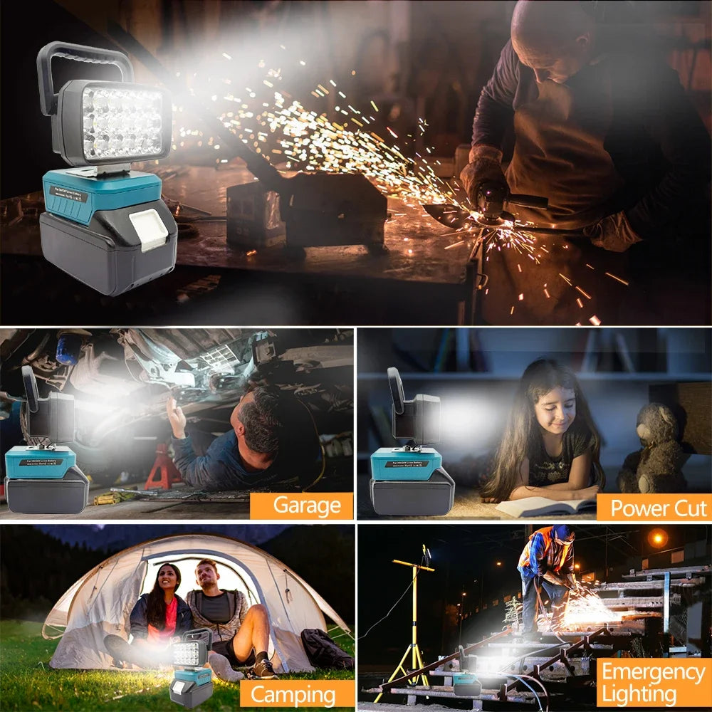 18-LED Portable Work Light – Compatible with Makita, Milwaukee & DeWalt 18V/20V Batteries – 1500LM Spotlight Torch with USB Output