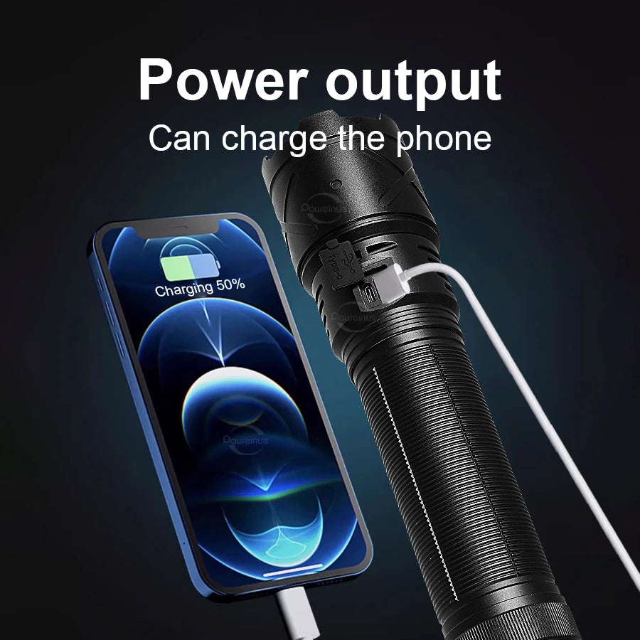 Ultra Bright 15000mAh LED Tactical Flashlight – USB Rechargeable, Zoomable, Long Range (Up to 6000M)