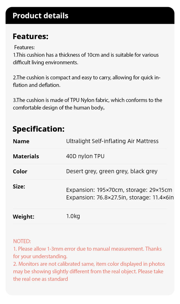 Ultralight Self-Inflating Camping Mattress with Built-In Foot Pump – 10cm Thick TPU Nylon Sleeping Pad for Hiking, Travel & Fishing