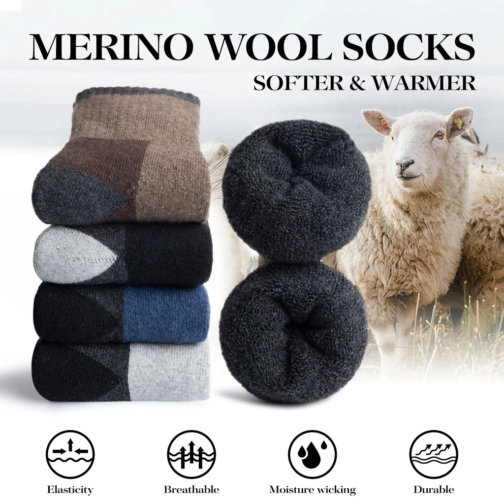 5 Pairs Men’s Merino Wool Hiking Socks – Warm, Moisture-Wicking Winter Crew Socks for Outdoor & Casual Wear (US Size 7–13)