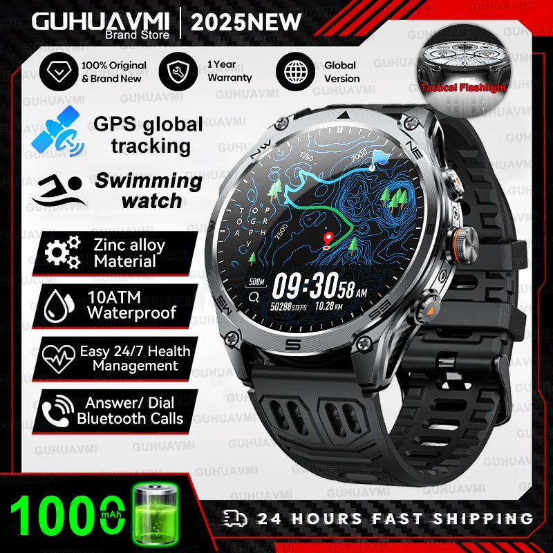 GUHUAVMI Professional GPS Outdoor Smartwatch – Military Grade, 1000mAh Battery, 10ATM Waterproof