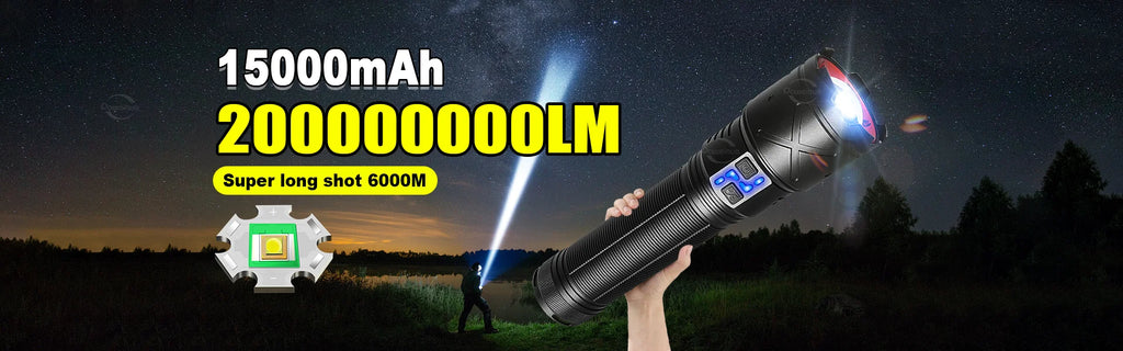 Ultra Bright 15000mAh LED Tactical Flashlight – USB Rechargeable, Zoomable, Long Range (Up to 6000M)