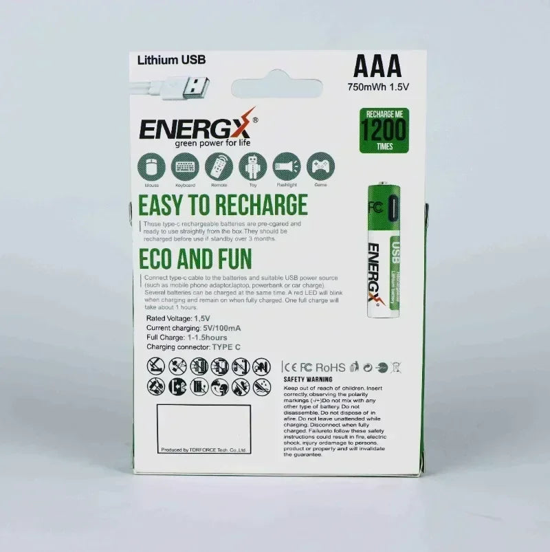 TDRFORCE AA/AAA 1.5V USB Rechargeable Lithium Batteries – 2600mWh/750mWh (4-Pack, CE Certified)