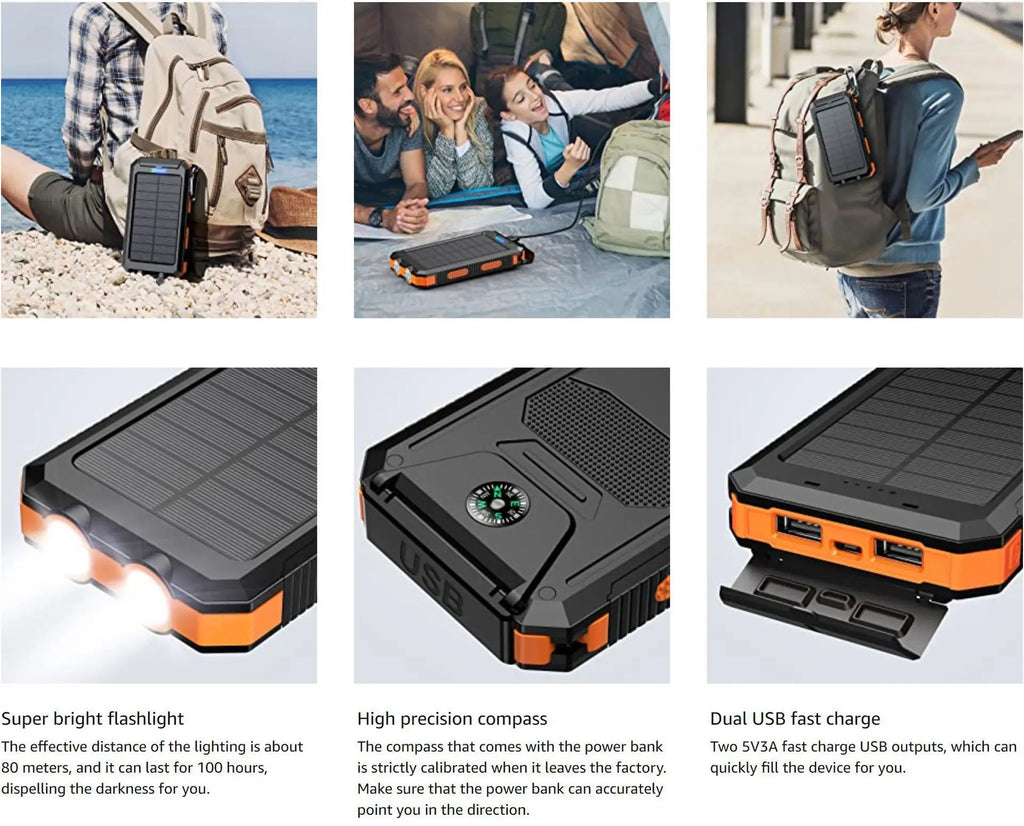 Solar Power Bank – Waterproof, Fast Charging, High-Capacity Powerbank with SOS & LED Light for Outdoor Survival