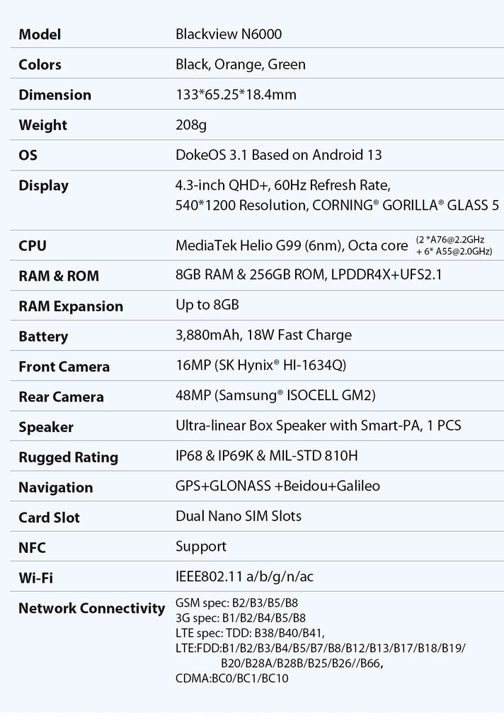 Blackview N6000 Rugged Waterproof Mini Smartphone | 4.3" Display, 256GB Storage, Android 13, 48MP Camera, NFC, Helio G99 Octa-Core
