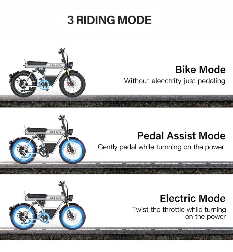 Coswheel CT20S 2000W Electric Dirt Bike β 60V 27.5Ah Fat Tire Ebike for Adults (20" Off-Road Tires, 161km Range)