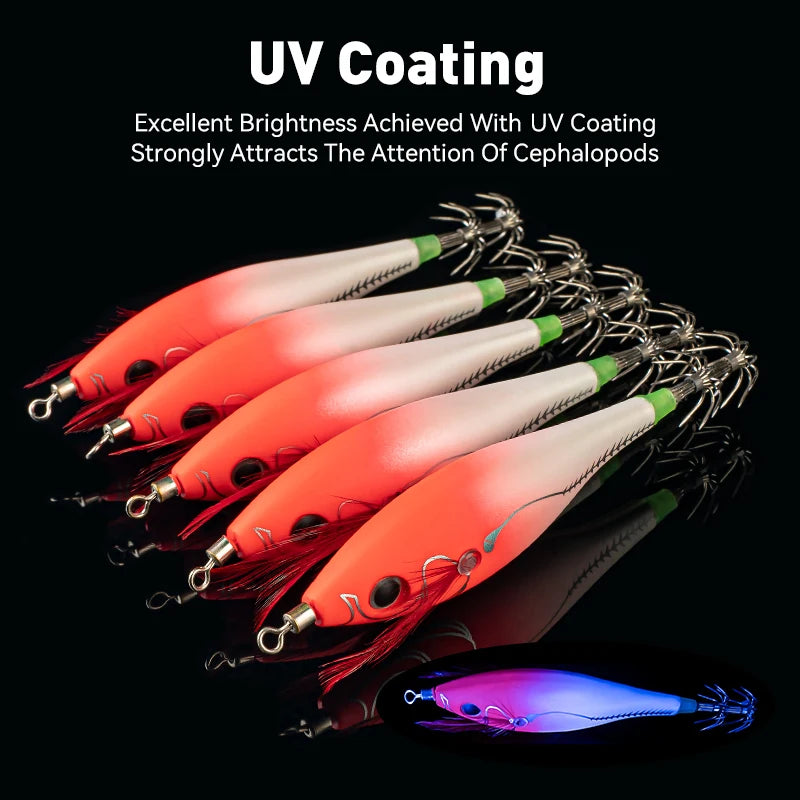 YOOFISH Luminous Horizontal Squid Jig (5pcs Set) β Premium Wood Shrimp Squid Hooks for Saltwater Fishing