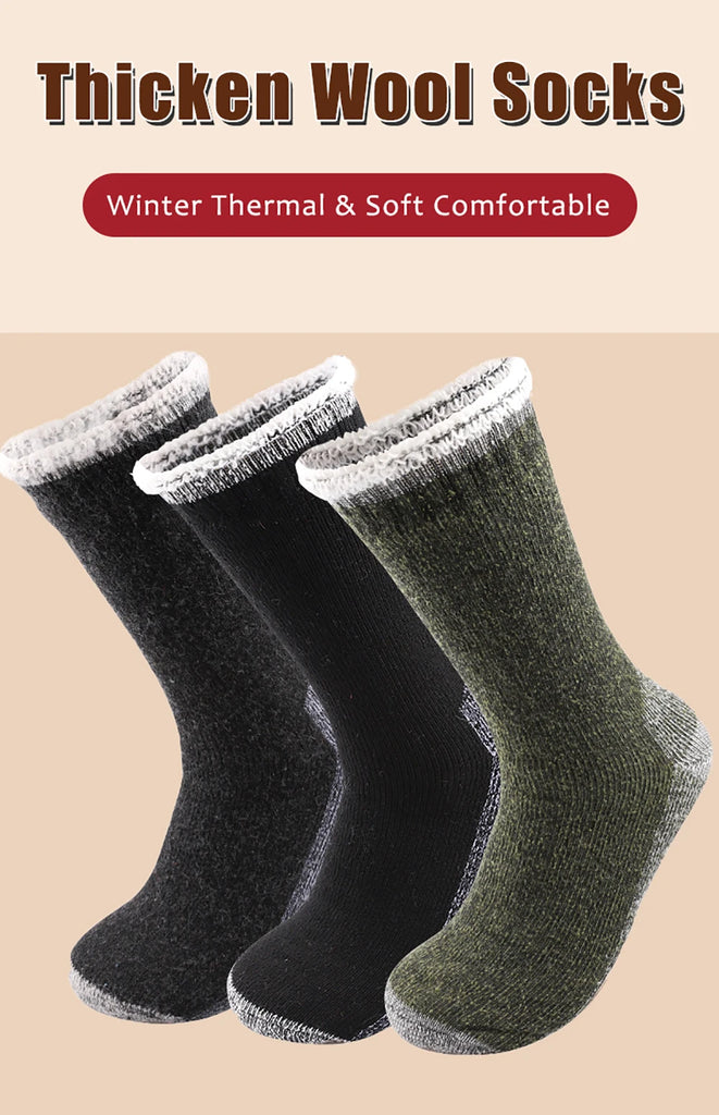 3 Pairs Merino Wool Thermal Socks for Men – Super Thick Winter Crew Socks with Fleece Terry Lining