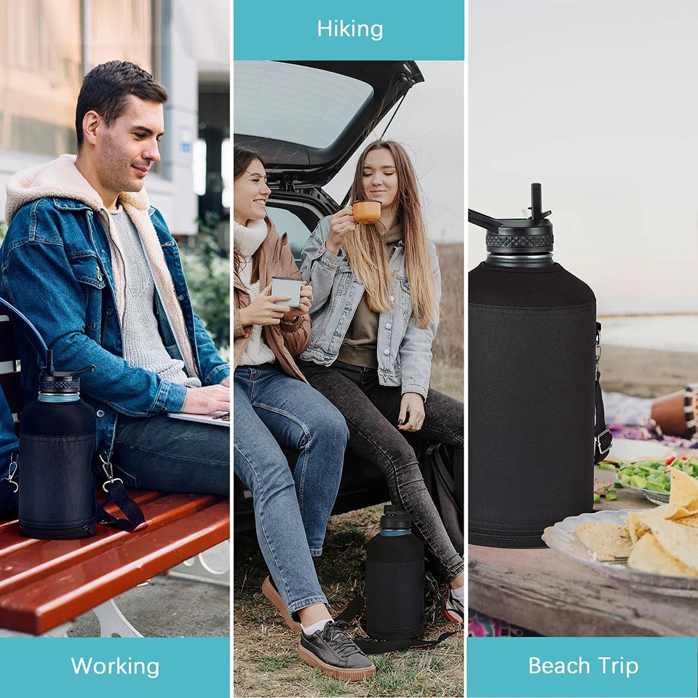 64oz / 128oz Insulated Water Bottle Carrier Bag with Strap – Protective Neoprene Sleeve for Thermos, Mug & Tumbler – Crossbody Holder for Hiking, Camping & Outdoor Use (Black)