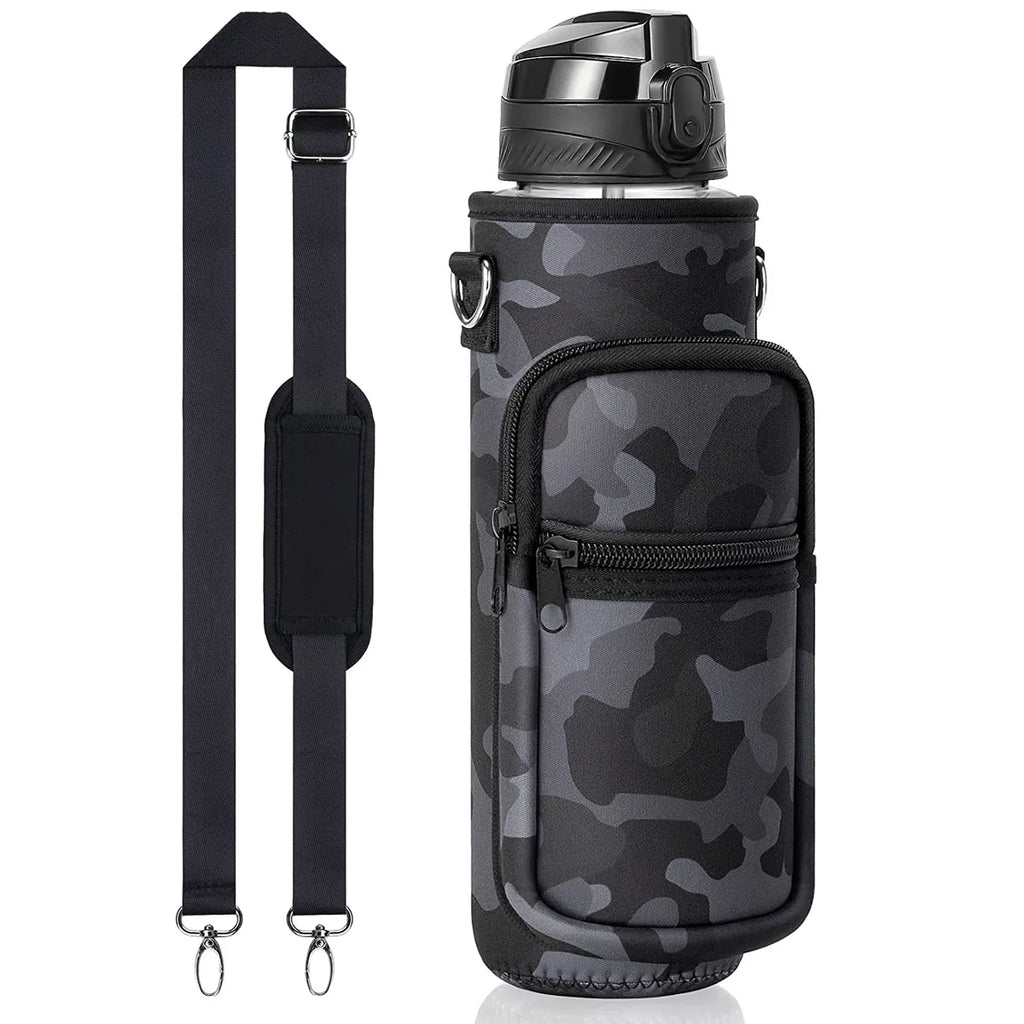 32 oz Motivational Water Bottle with Sleeve – Leakproof BPA-Free Bottle with Straw, Time Marker & Adjustable Strap Carrier (1L)