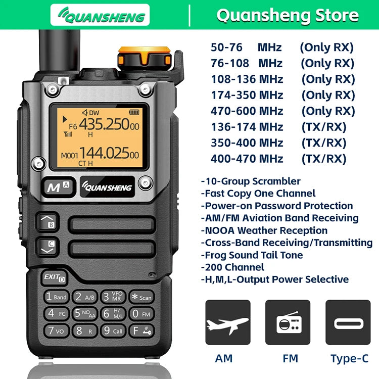 Quansheng UV-K5(8) Long-Range Dual Band Walkie Talkie – 200 Channel Portable Two-Way Radio with AM/FM, Emergency Weather, Cross-Band Intercom & Type-C Charging