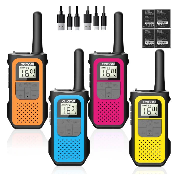 AWANFI Rechargeable Walkie Talkies (2/3/4-Pack) β Long Range 2-Way Radios with 16 Channels, VOX, USB-C Charging β Ideal for Kids & Adults, Outdoor Camping & Hiking