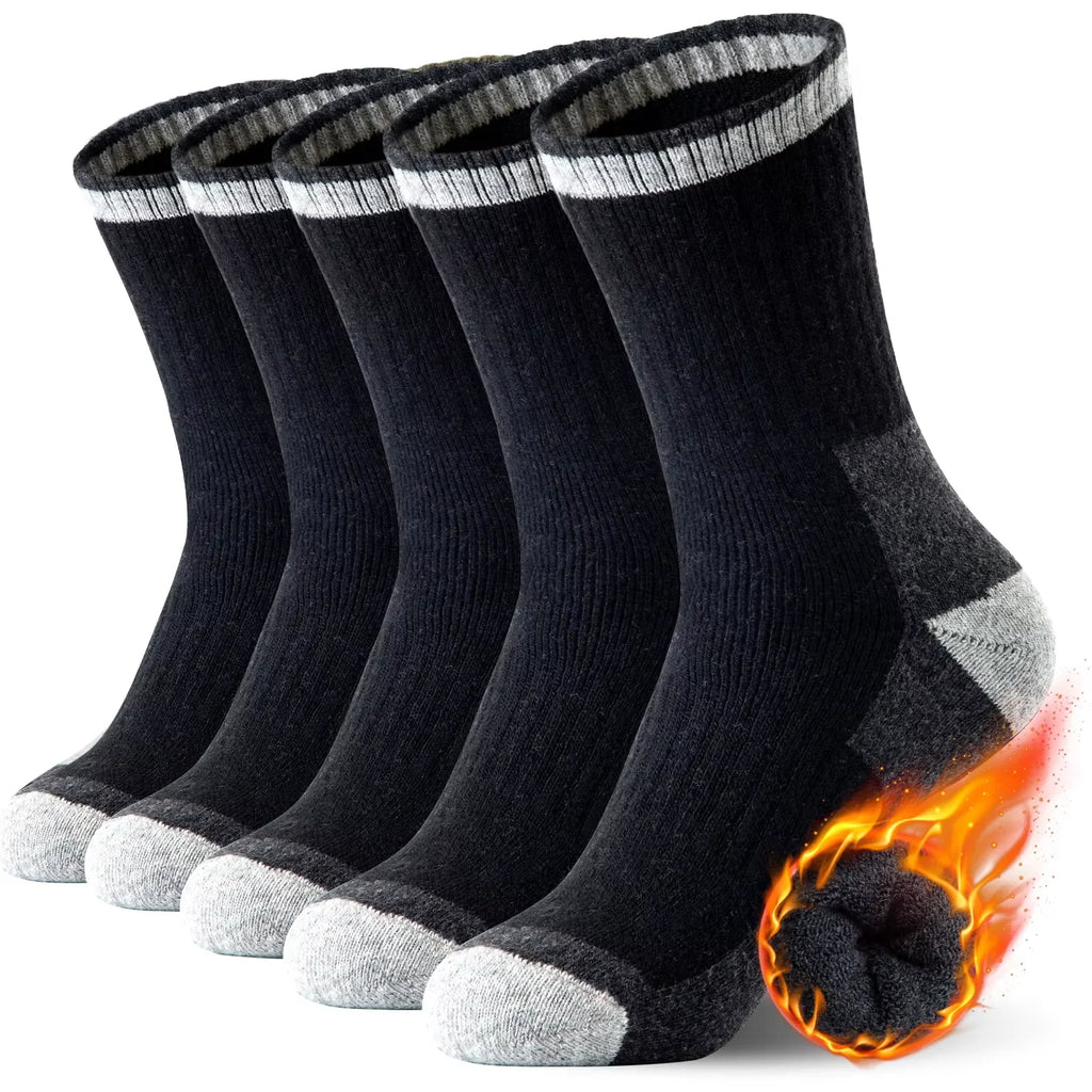 5 Pairs Men’s Merino Wool Hiking Socks – Warm, Moisture-Wicking Winter Crew Socks for Outdoor & Casual Wear (US Size 7–13)