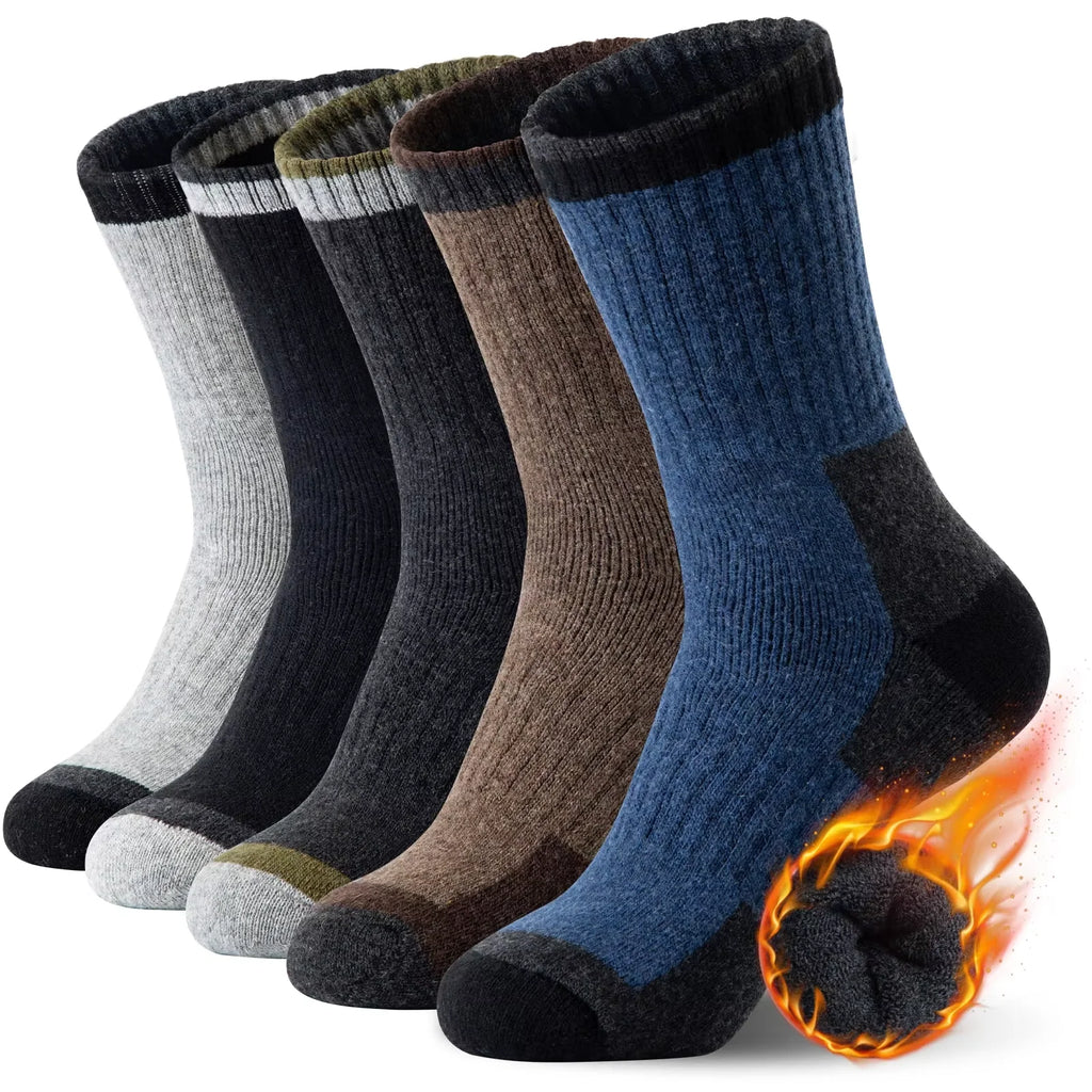 5 Pairs Men’s Merino Wool Hiking Socks – Warm, Moisture-Wicking Winter Crew Socks for Outdoor & Casual Wear (US Size 7–13)
