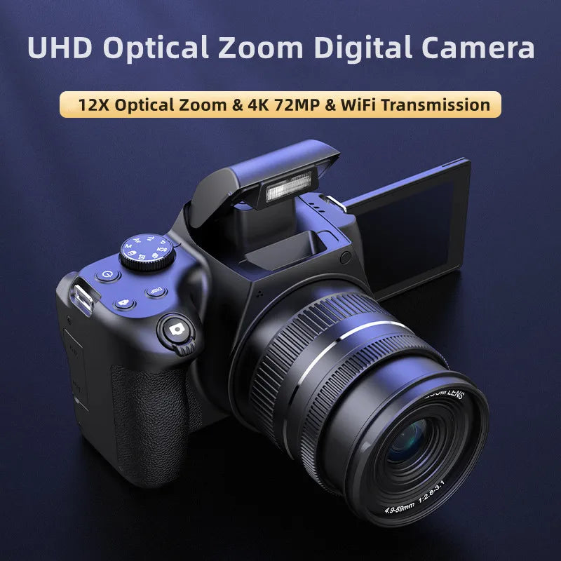 4K HD Digital Camera with Auto Focus & 12X Optical Zoom – 72MP Vlogging Camera for YouTube & Photography