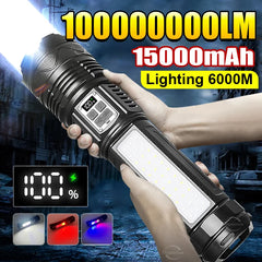 UltraBright™ 1500W Rechargeable LED Flashlight – 6,000M Long Range Tactical Torch (Built-in Power Bank)