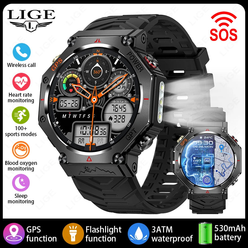 LIGE 2025 GPS Smartwatch for Men β Outdoor Sport Watch with AI Assistant, Compass, Altimeter, Barometer, and 3ATM Waterproof Protection