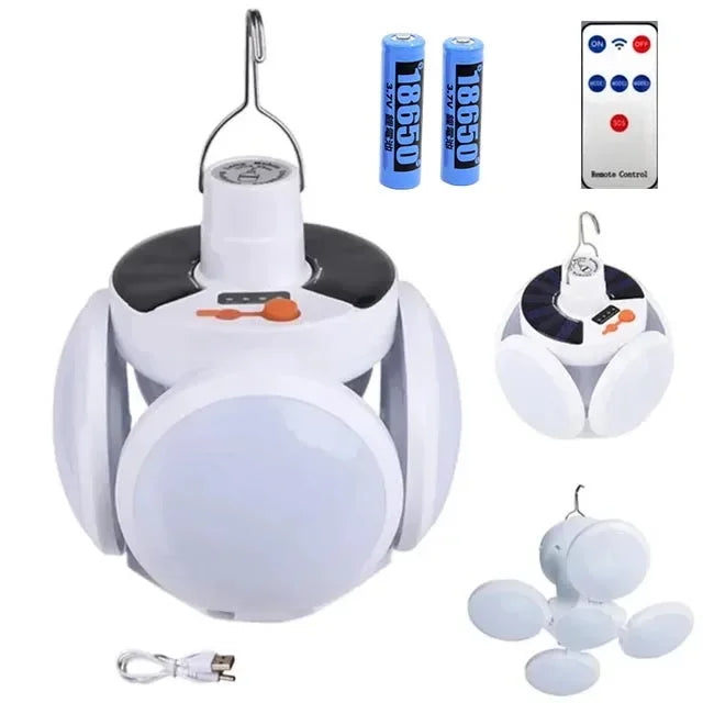 Solar Folding LED Camping Lantern – USB Rechargeable Emergency Light with 5 Modes & Hook (2400mAh, Waterproof, Remote Optional)