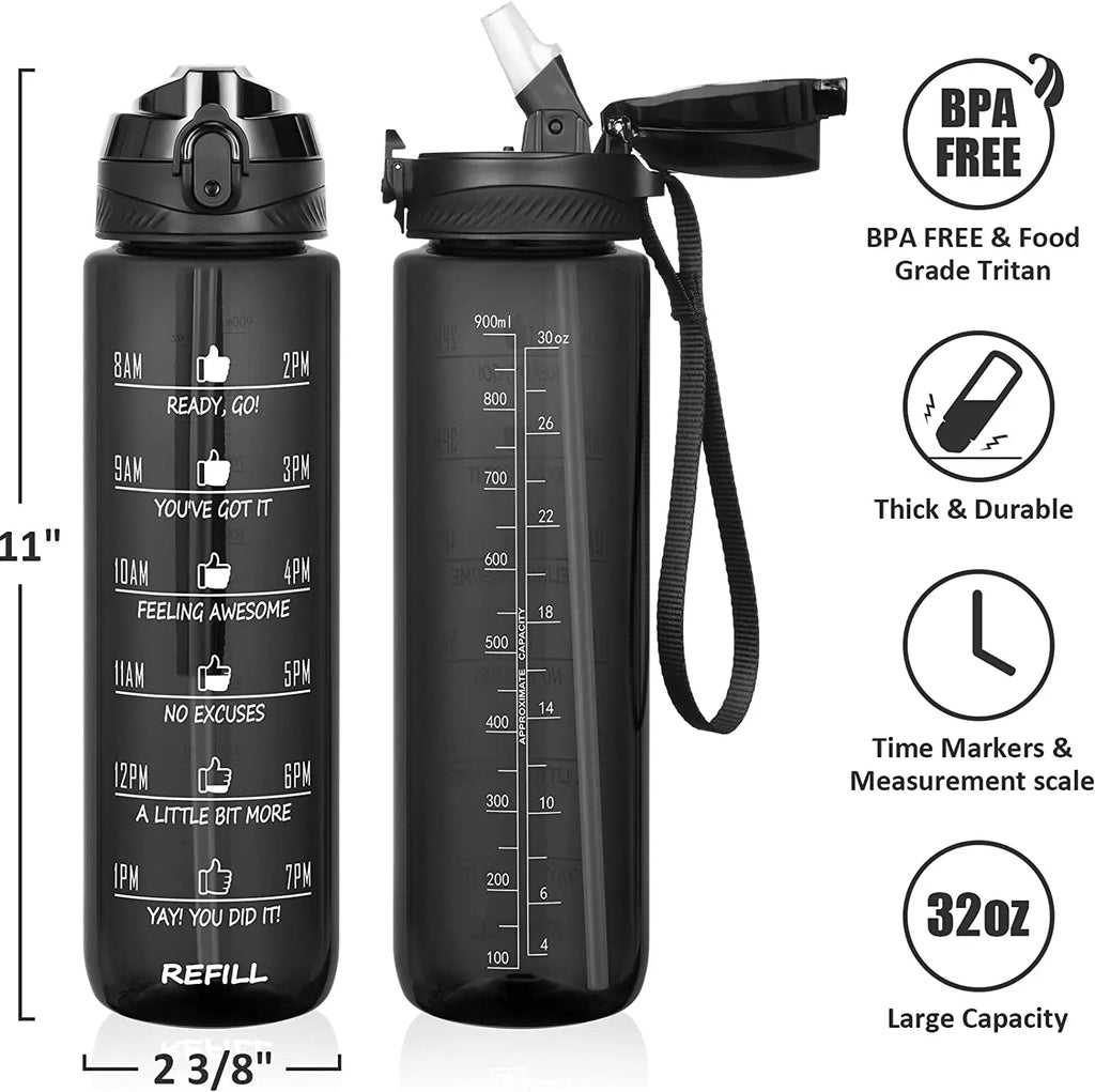 32 oz Motivational Water Bottle with Sleeve – Leakproof BPA-Free Bottle with Straw, Time Marker & Adjustable Strap Carrier (1L)
