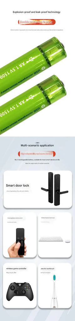 USB Rechargeable AA Lithium Batteries (4-Pack) – 1.5V 1500mWh Fast-Charge, Long-Lasting with Storage Case