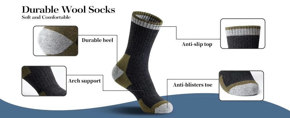 5 Pairs Men’s Merino Wool Hiking Socks – Warm, Moisture-Wicking Winter Crew Socks for Outdoor & Casual Wear (US Size 7–13)
