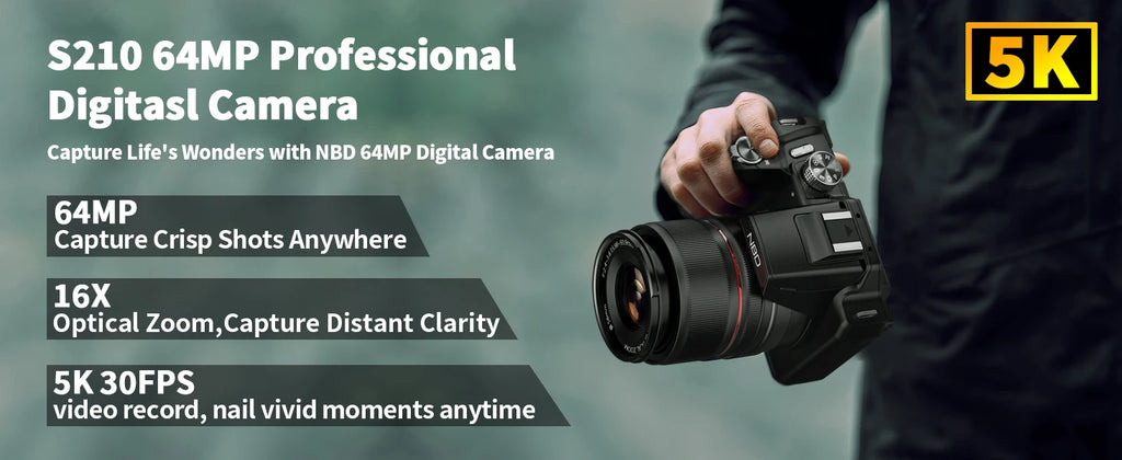 NBD 64MP Digital Camera – 16X Optical Zoom, 5K Video, WiFi & App Control, 180° Flip Screen